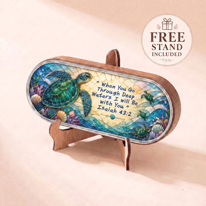 Isaiah 43:2 sea turtle stained-glass Pillcase lid displayed on included wooden stand