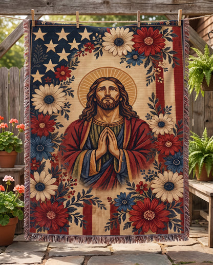 Garden clothesline display - Faith and Freedom Praying Jesus Floral Woven Blanket