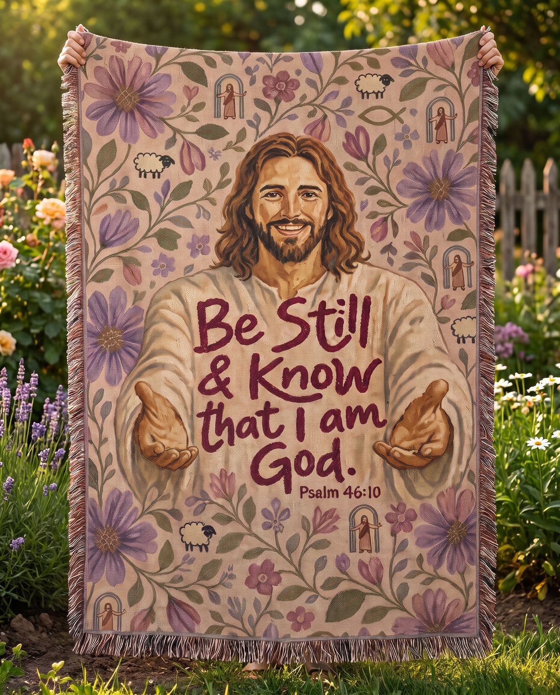 Garden held display - Be Still and Know Jesus Floral Woven Blanket