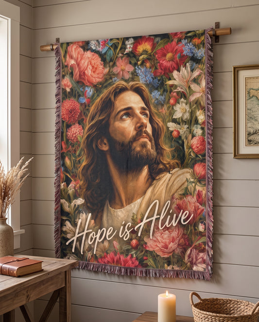 Hope Is Alive Floral Jesus Woven Blanket gallery image 4