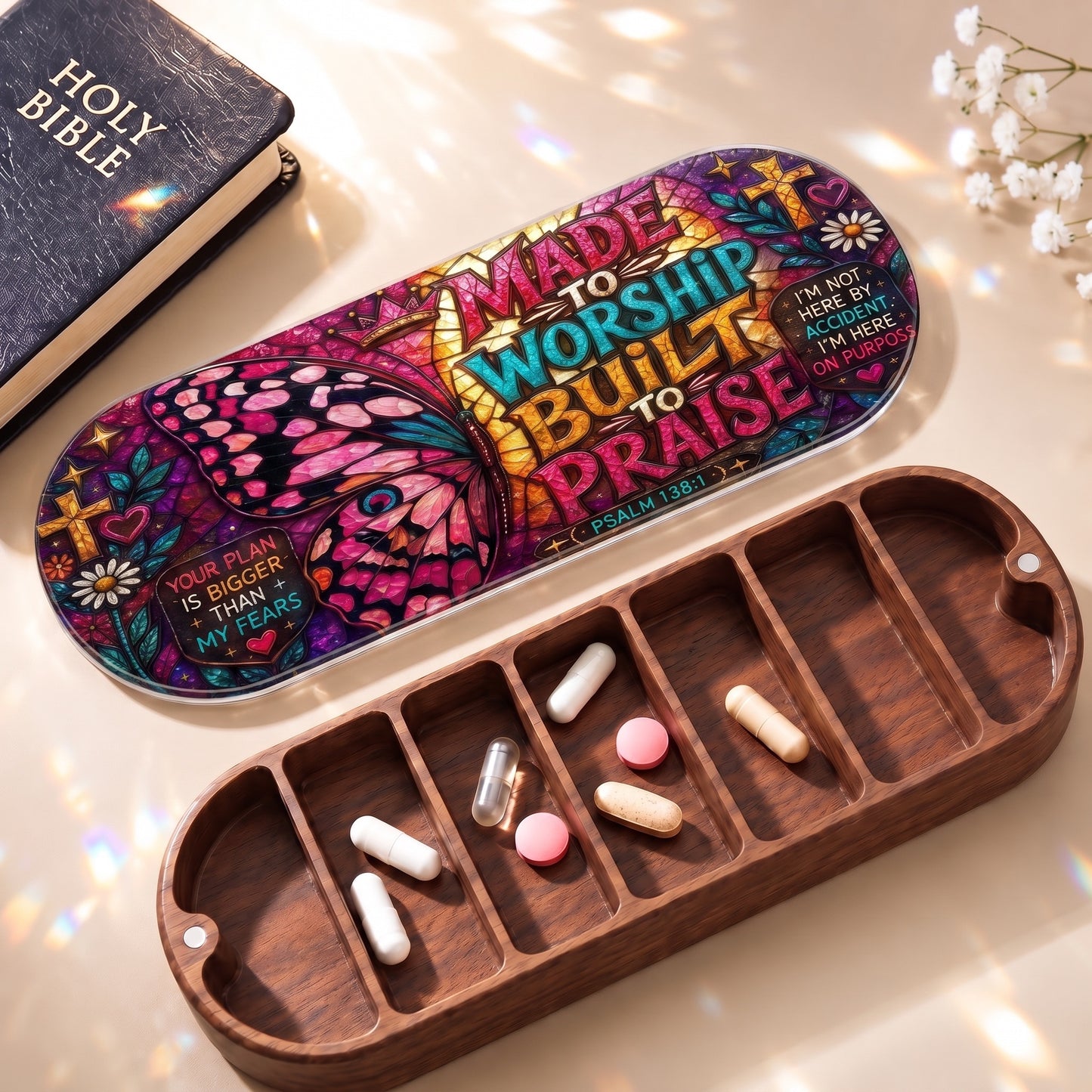 Made to Worship Built to Praise stained-glass Pillcase with Holy Bible, daily tablets and open wooden compartments