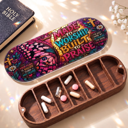 Made to Worship Built to Praise stained-glass Pillcase with Holy Bible, daily tablets and open wooden compartments