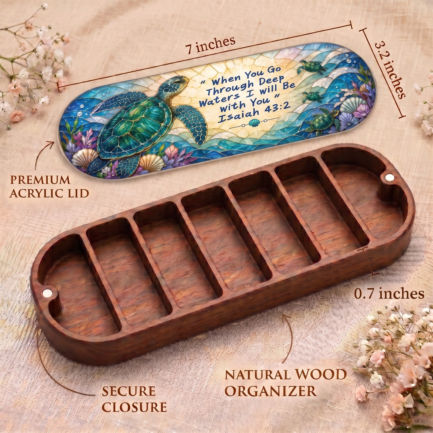 Isaiah 43:2 sea turtle Pillcase dimensions, acrylic lid, secure closure and natural wood organizer