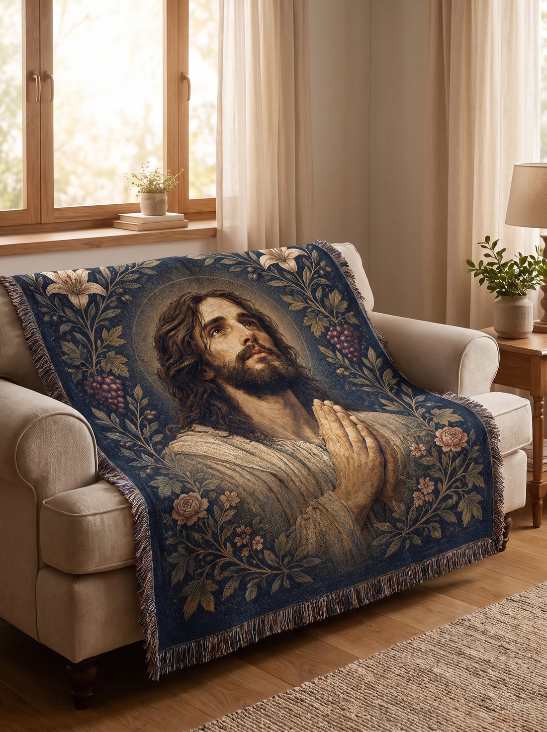 Reading chair styling - Praying Jesus Garden of Grace Woven Blanket