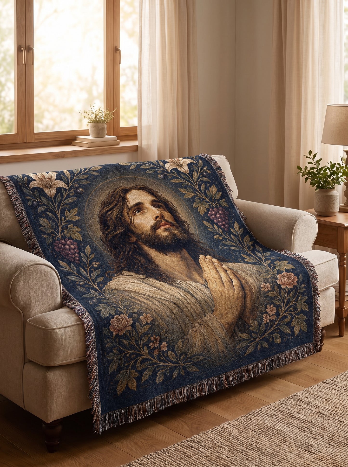 Reading chair styling - Praying Jesus Garden of Grace Woven Blanket