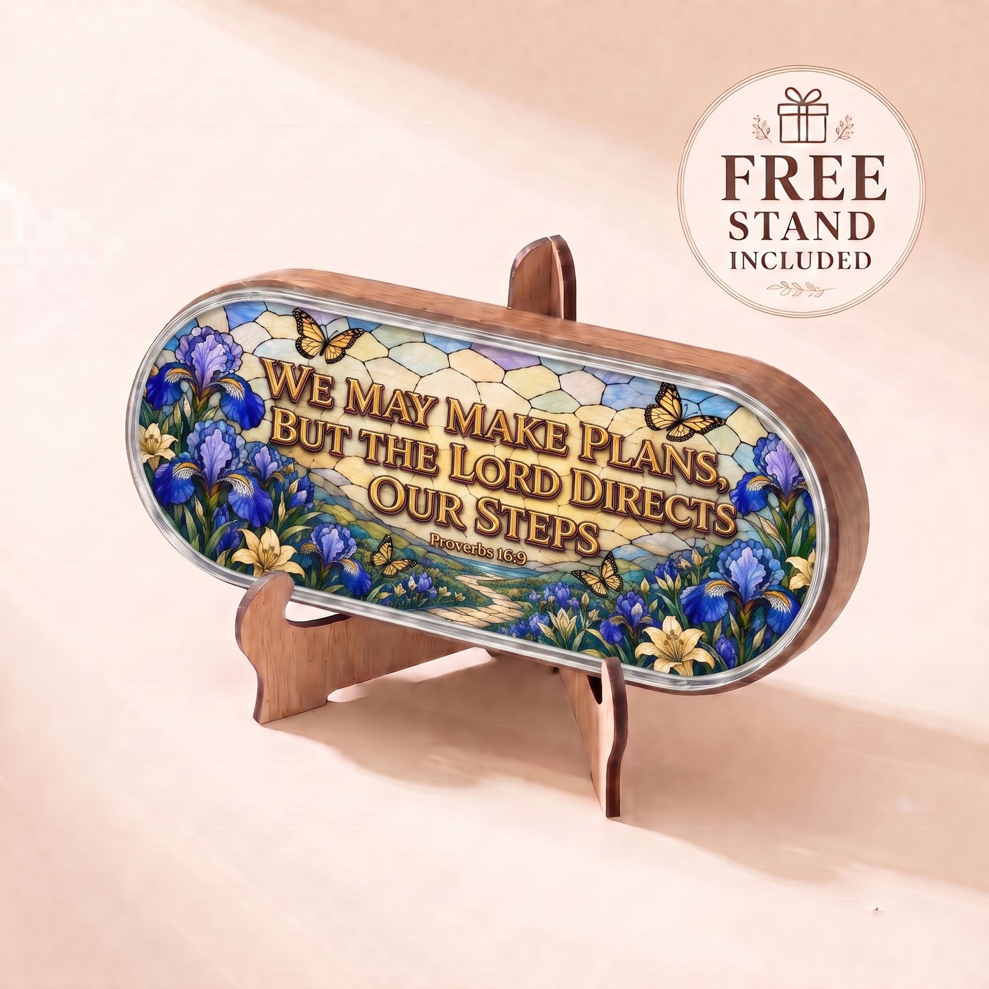 Proverbs 16:9 blue-iris Pillcase displayed on included wooden stand