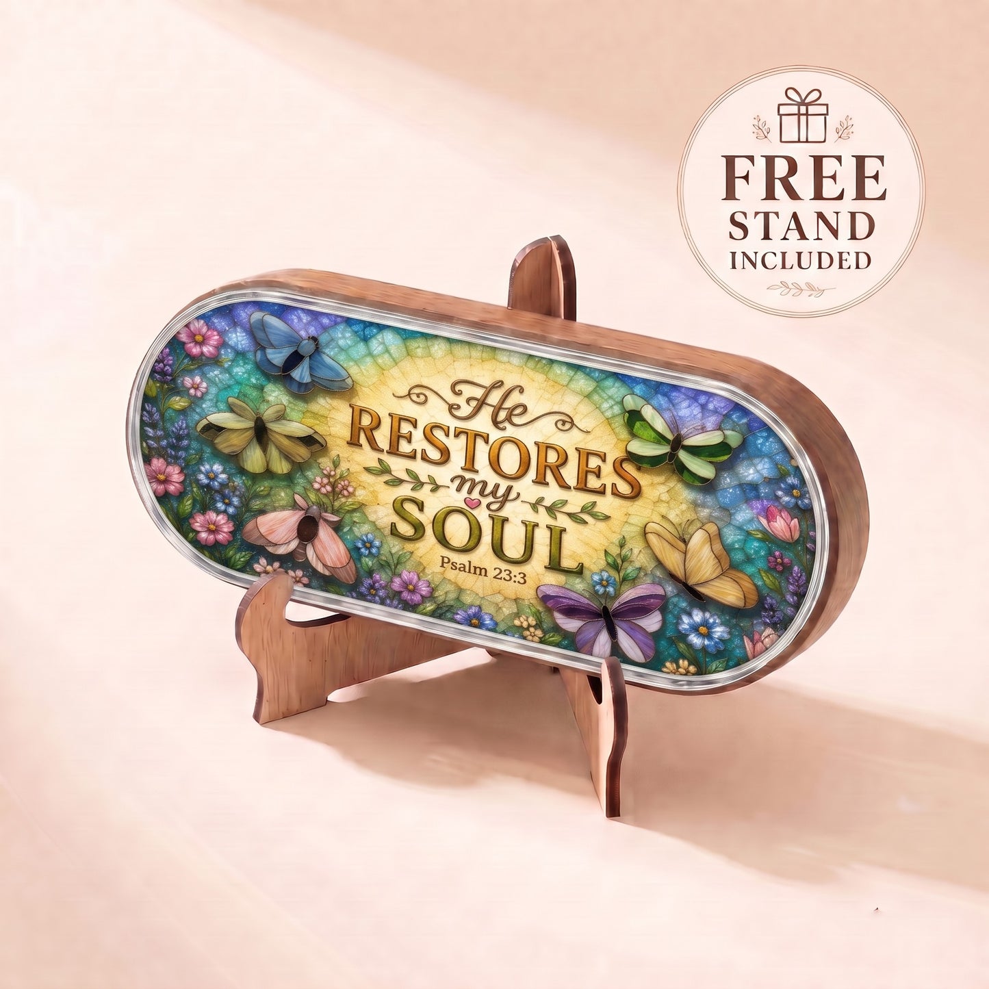 Psalm 23:3 butterfly and floral stained-glass Pillcase lid displayed on included wooden stand