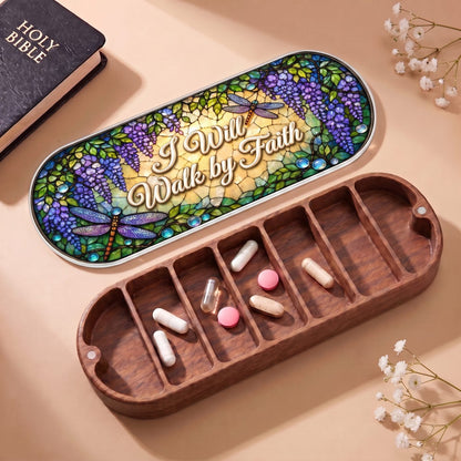 "I Will Walk by Faith — Wisteria & Dragonfly Stained Glass" Pill Case — open Pill Case with Holy Bible, flowers, and assorted pills
