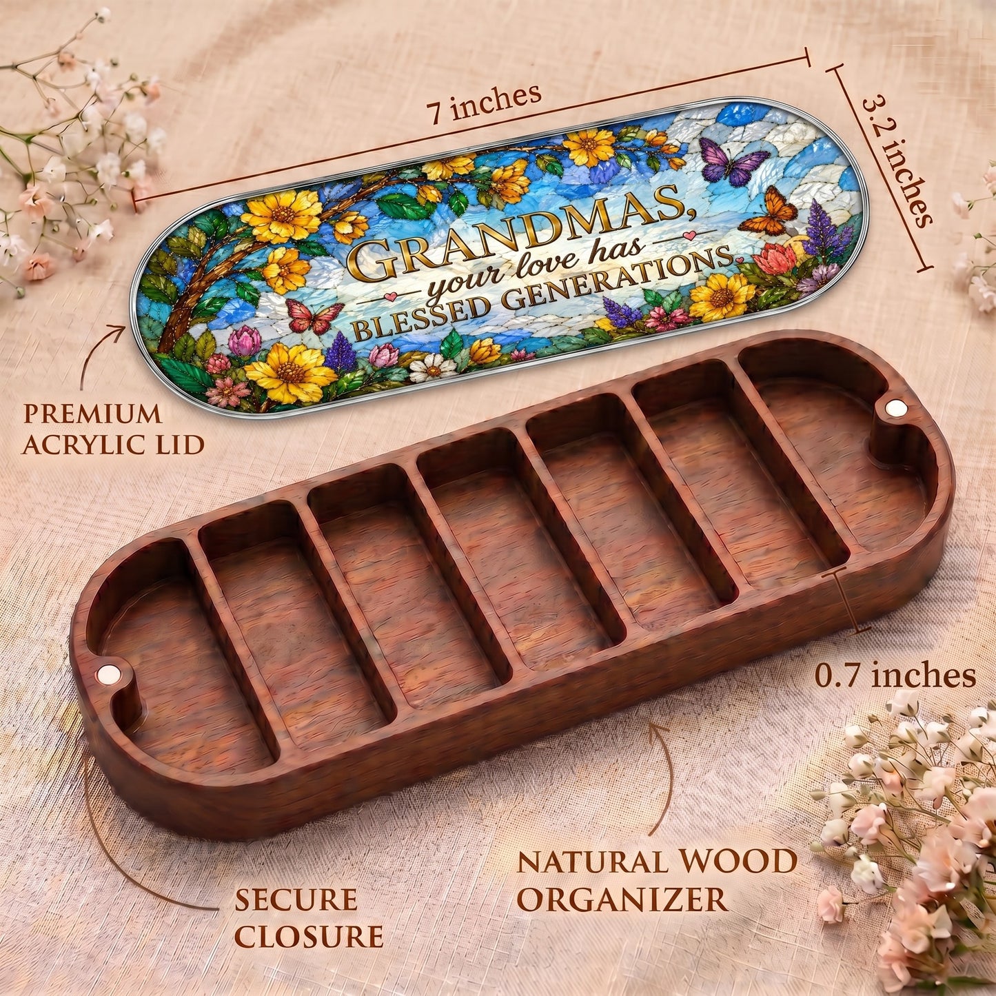 Grandmas Your Love Has Blessed Generations Pillcase dimensions with butterfly-garden acrylic lid, secure closure and natural wood organizer