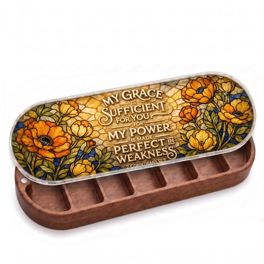 "My Grace Is Sufficient for You — 2 Corinthians 12:9" Pill Case — open natural-wood Pill Case on white studio background