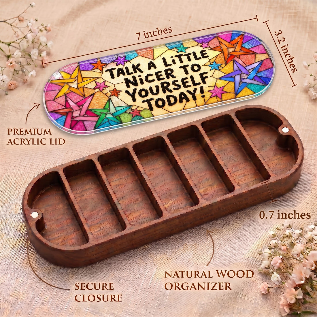 Talk a Little Nicer to Yourself Today Pillcase dimensions with colorful star acrylic lid, secure closure and natural wood organizer