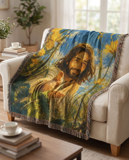 Reach for Me - Jesus in the Golden Meadow Woven Blanket
