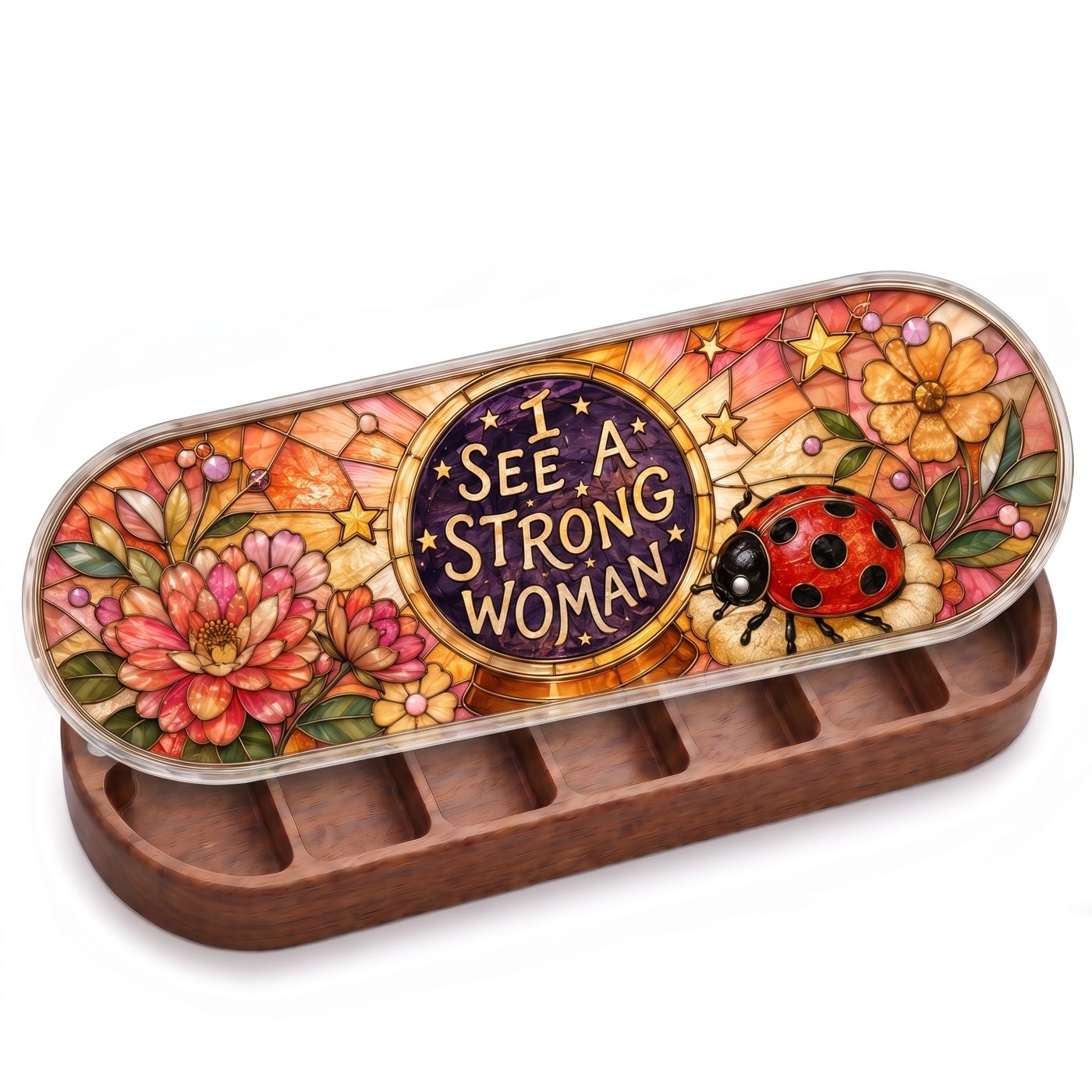 "I See a Strong Woman — Ladybug & Floral Stained Glass" Pill Case — open wooden I See a Strong Woman ladybug Pill Case on white studio background
