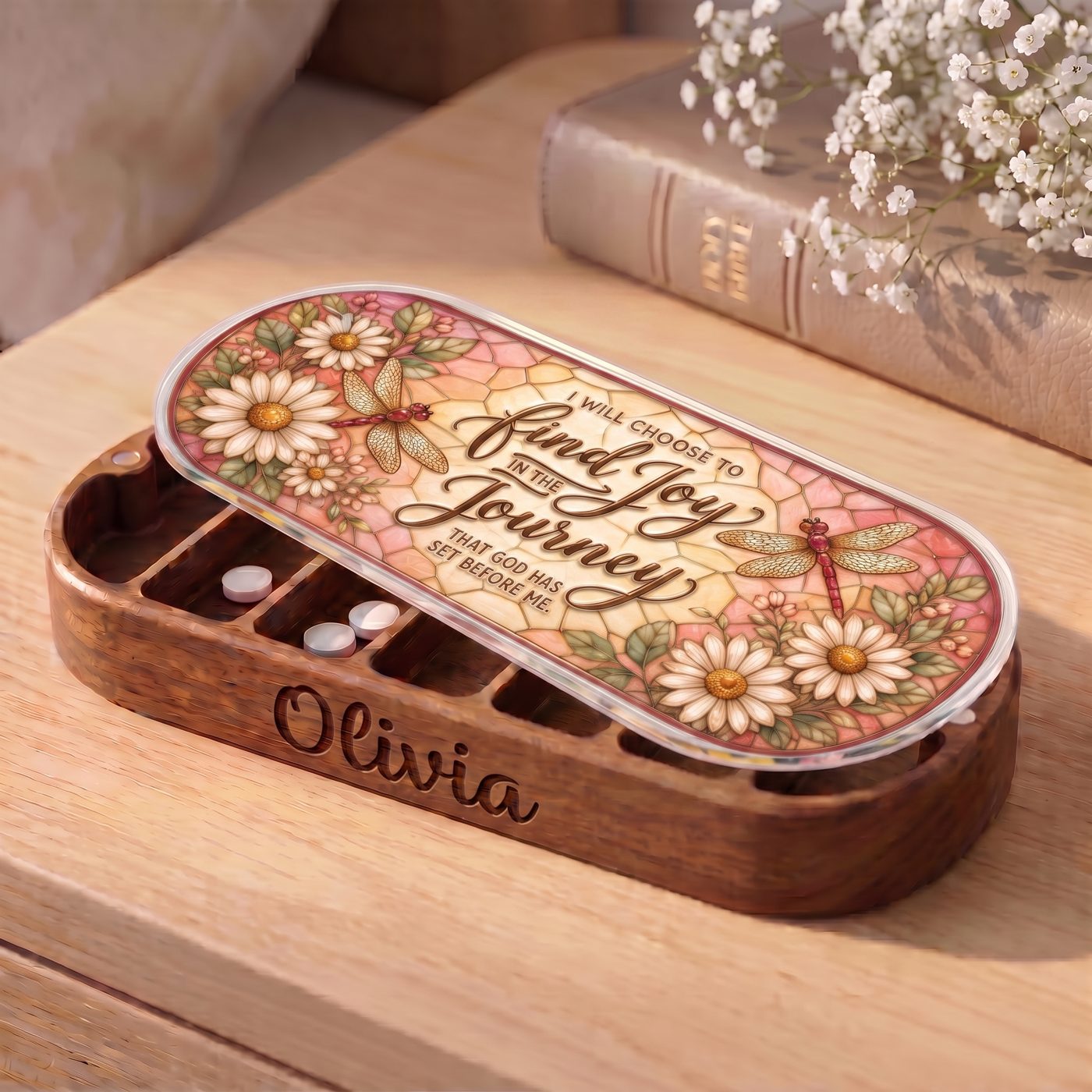 "I Will Choose to Find Joy in the Journey That God Has Set Before Me — Daisy & Dragonfly Stained Glass" Pill Case clean product view