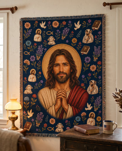 Praying Jesus - Good Shepherd Garden Woven Blanket
