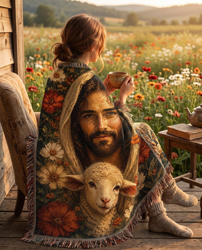 Good Shepherd Lamb and Autumn Florals Woven Blanket