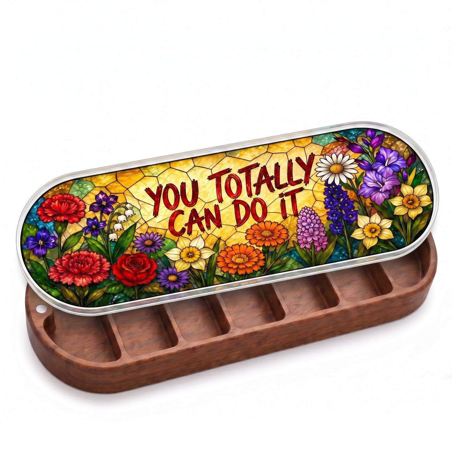 Open wooden You Totally Can Do It Pillcase with a colorful encouragement garden on a stained-glass-style lid on white