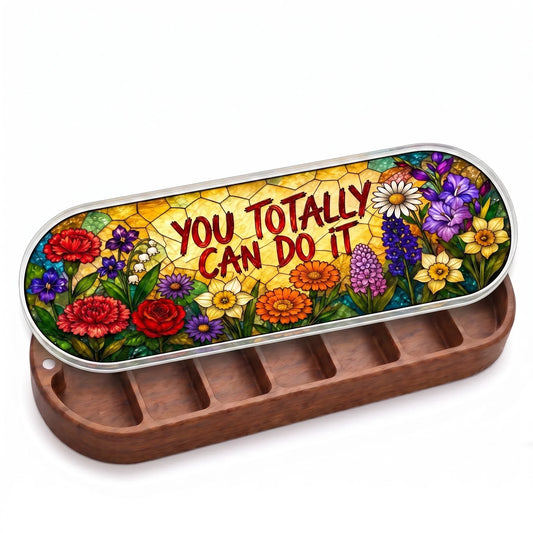Open wooden You Totally Can Do It Pillcase with a colorful encouragement garden on a stained-glass-style lid on white