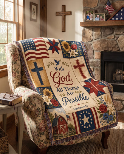 With God All Things Are Possible - Matthew 19:26 Americana Woven Blanket - floral armchair reading nook