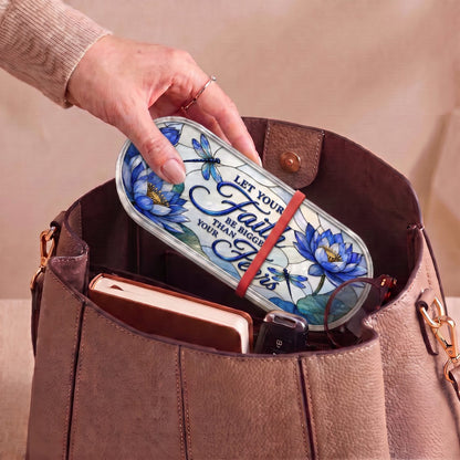 "Let Your Faith Be Bigger Than Your Fears — Blue Lotus & Dragonfly Stained Glass" Pill Case clean product view