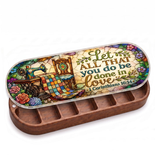 Open wooden Pillcase with patchwork quilt, vintage sewing machine and floral stained-glass lid on white