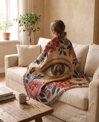 Sacred Eye of Christ Floral Woven Blanket mockup 1