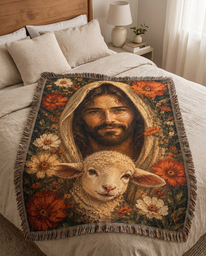 Good Shepherd Lamb and Autumn Florals Woven Blanket
