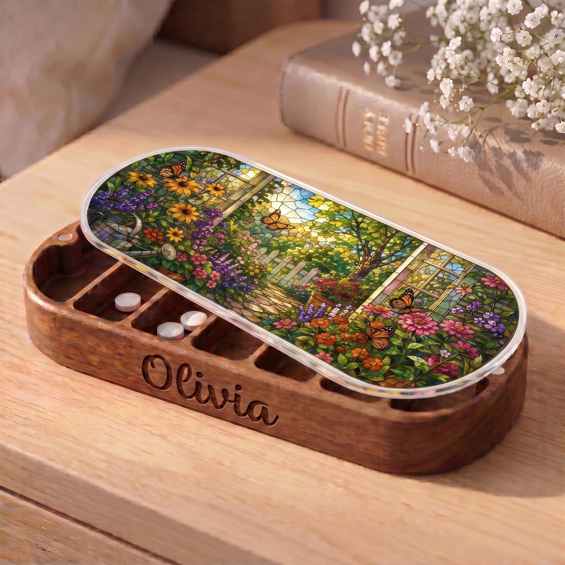 Personalized Olivia Pillcase with butterflies, garden path, picket fence and colorful floral lid
