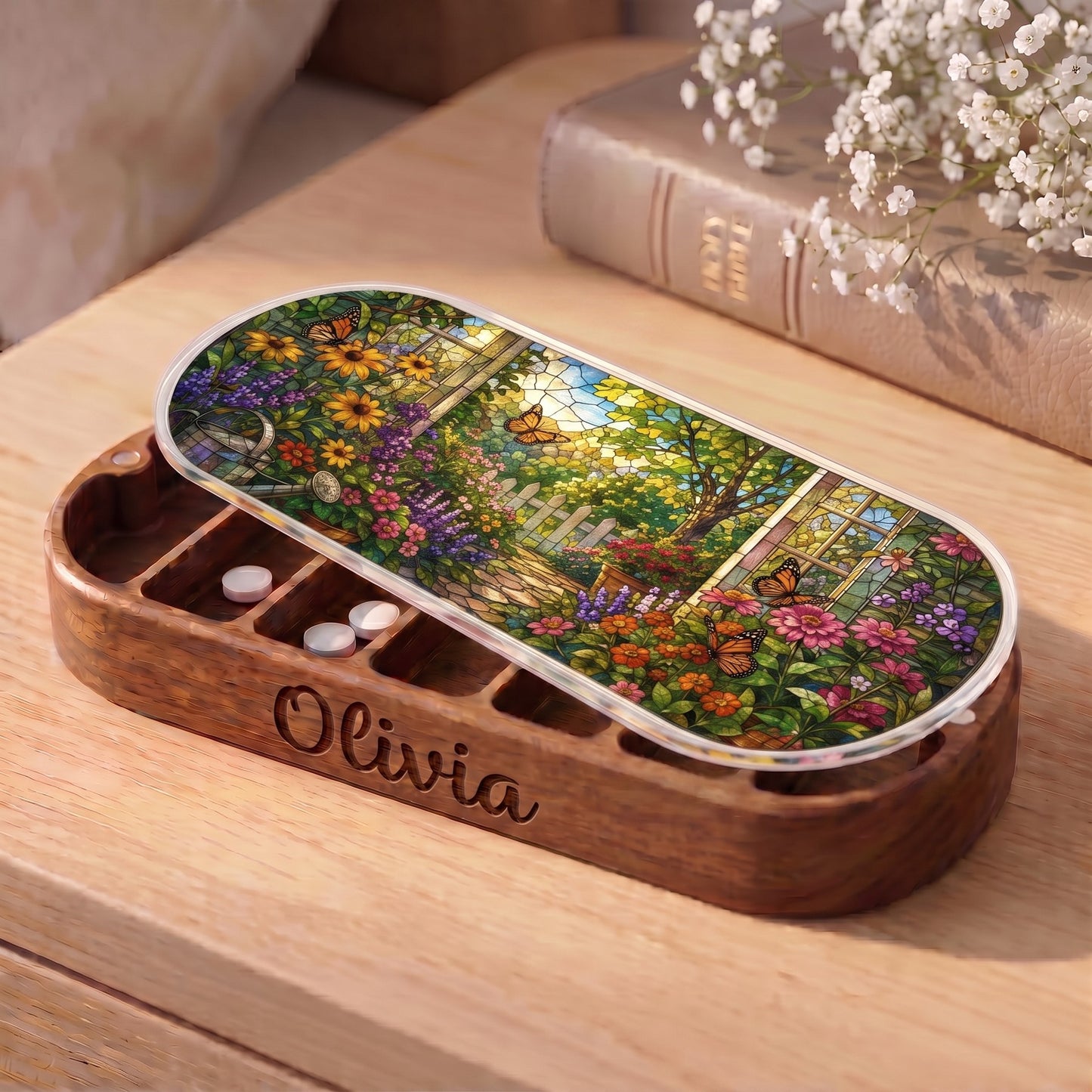 Personalized Olivia Pillcase with butterflies, garden path, picket fence and colorful floral lid