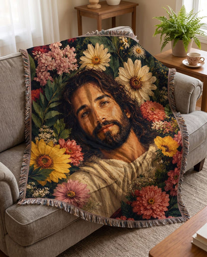 Jesus in the Garden of Grace Floral Woven Blanket