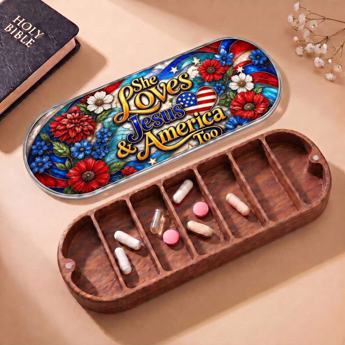 She Loves Jesus and America Too Pillcase with Holy Bible, patriotic floral lid and daily tablets