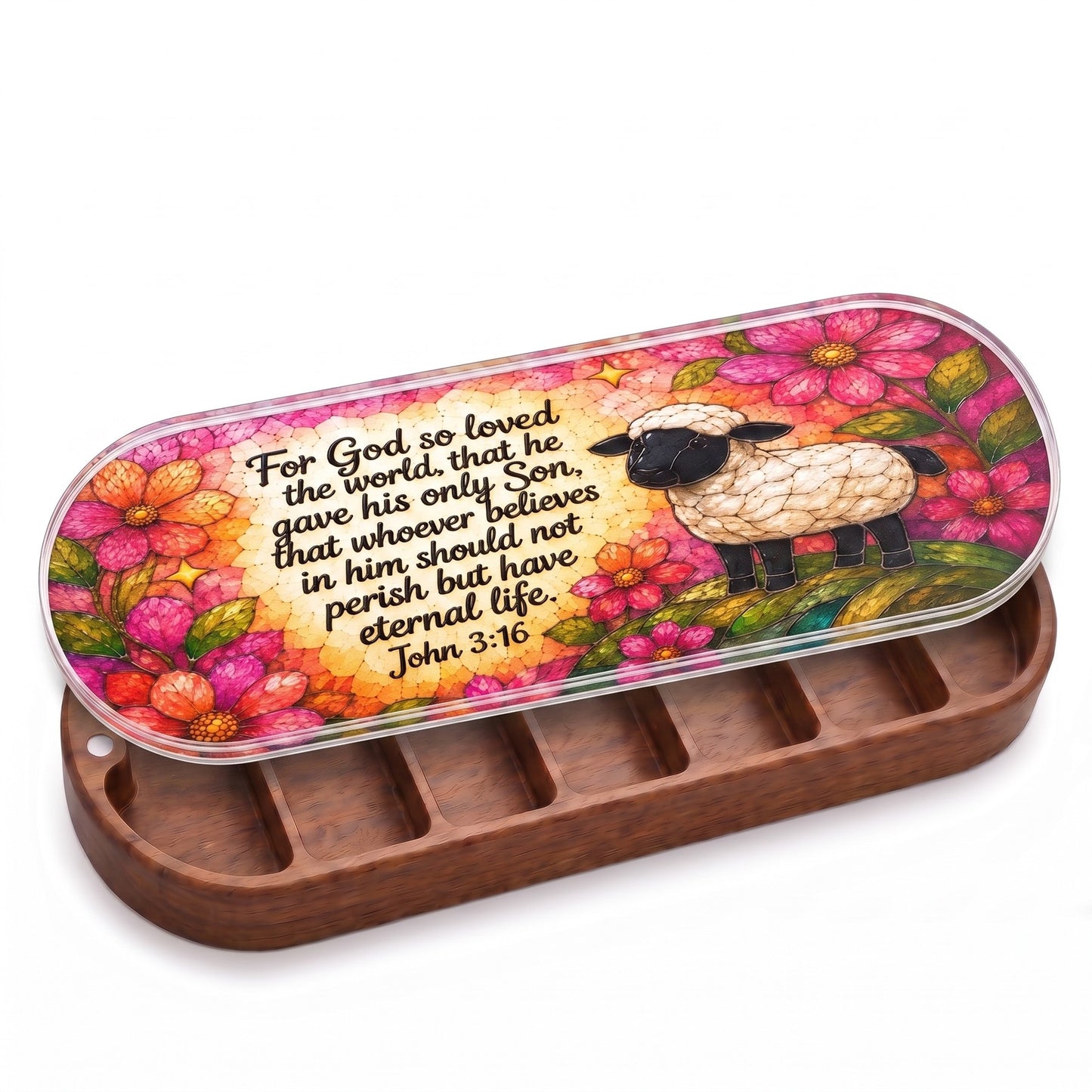 Open wooden Pillcase with For God So Loved the World John 3:16 floral sheep lid on white
