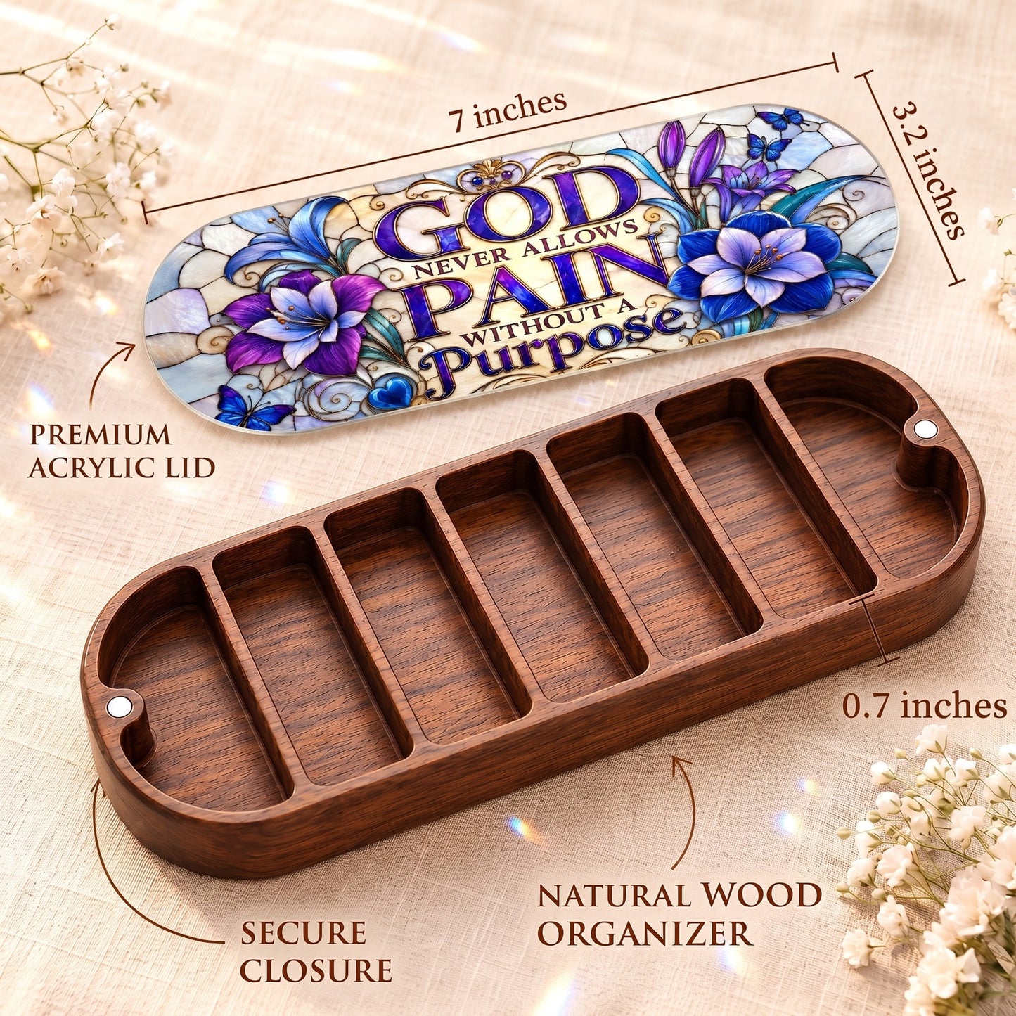 God Never Allows Pain Without a Purpose Pillcase dimensions with acrylic lid, secure closure and natural wood organizer