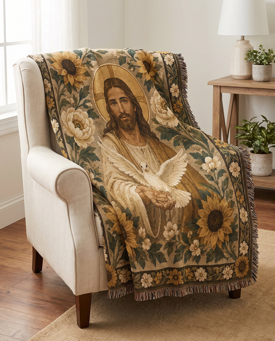 Chair throw styling mockup - Jesus and dove woven blanket
