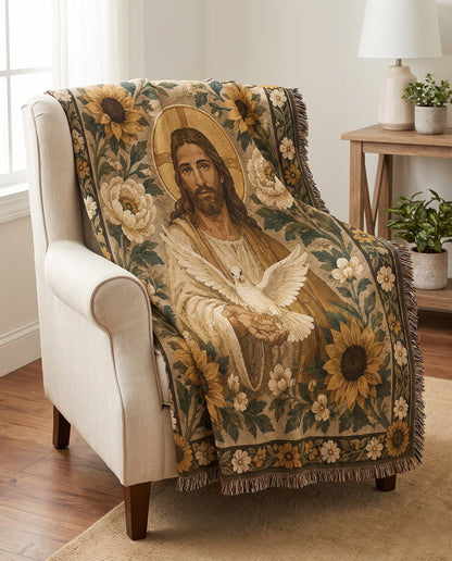 Chair throw styling mockup - Jesus and dove woven blanket