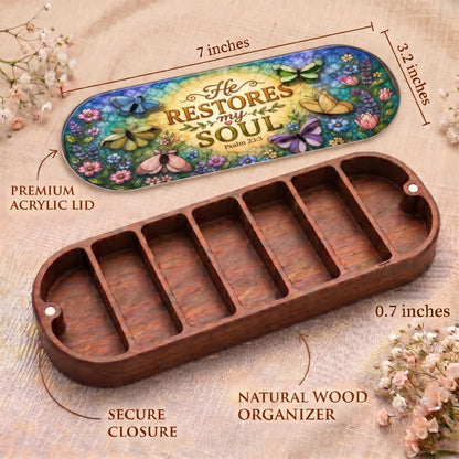 Psalm 23:3 butterfly floral Pillcase dimensions, acrylic lid, secure closure and natural wood organizer