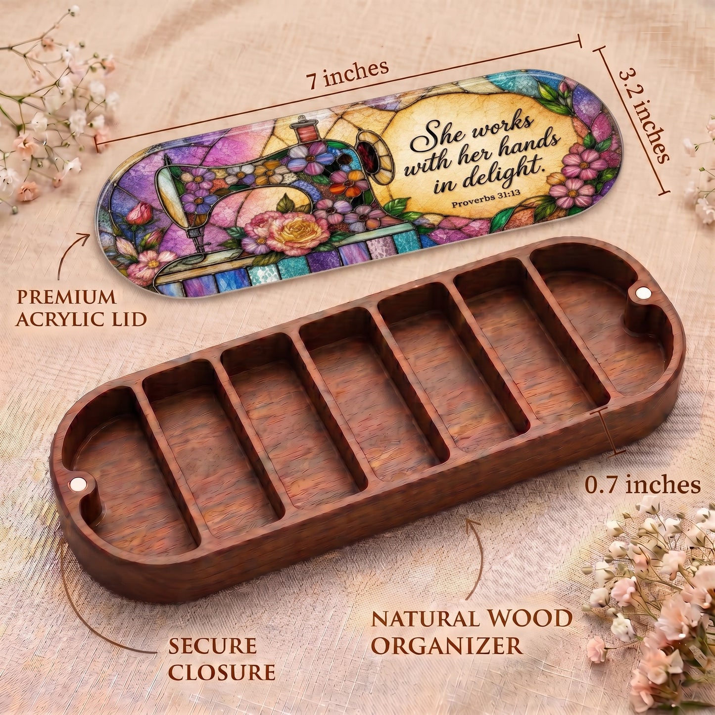 She Works with Her Hands in Delight Pillcase dimensions with acrylic lid, secure closure and natural wood organizer