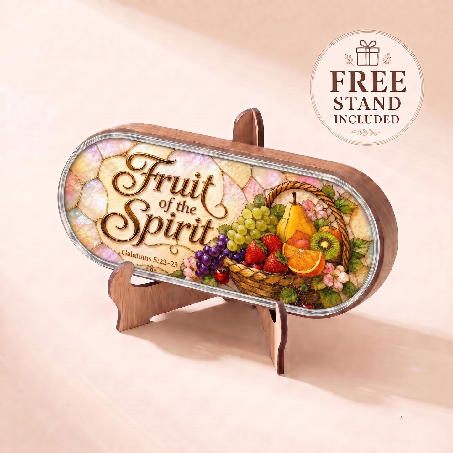 Fruit of the Spirit Galatians 5:22–23 Pillcase displayed on included wooden stand