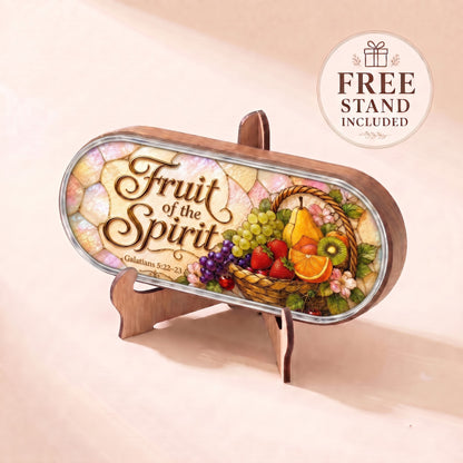 Fruit of the Spirit Galatians 5:22–23 Pillcase displayed on included wooden stand