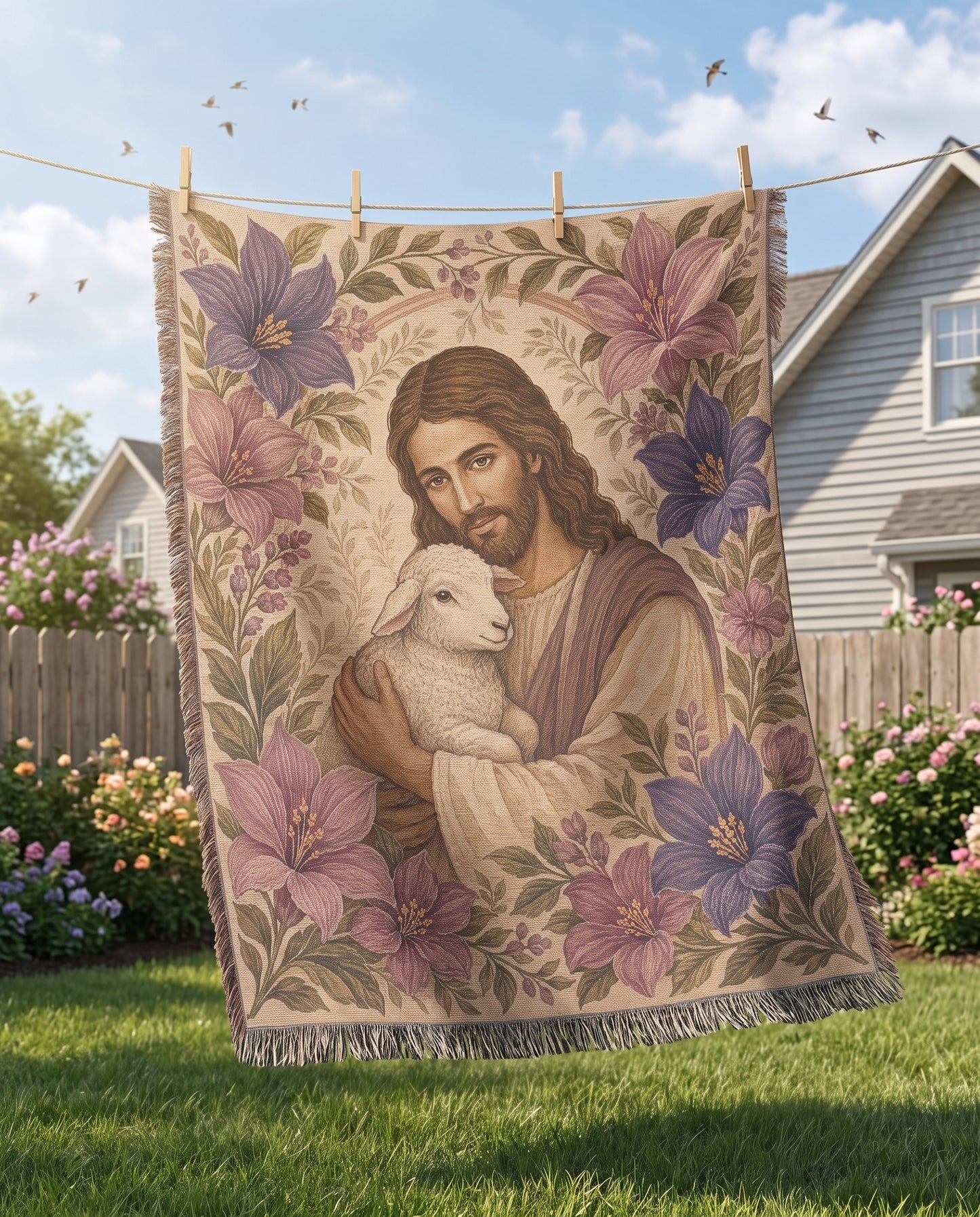 Good Shepherd Lavender Florals Woven Blanket mockup 4