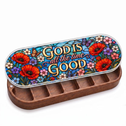 "God Is Good All the Time — Poppy Stained Glass" Pill Case lifestyle open view