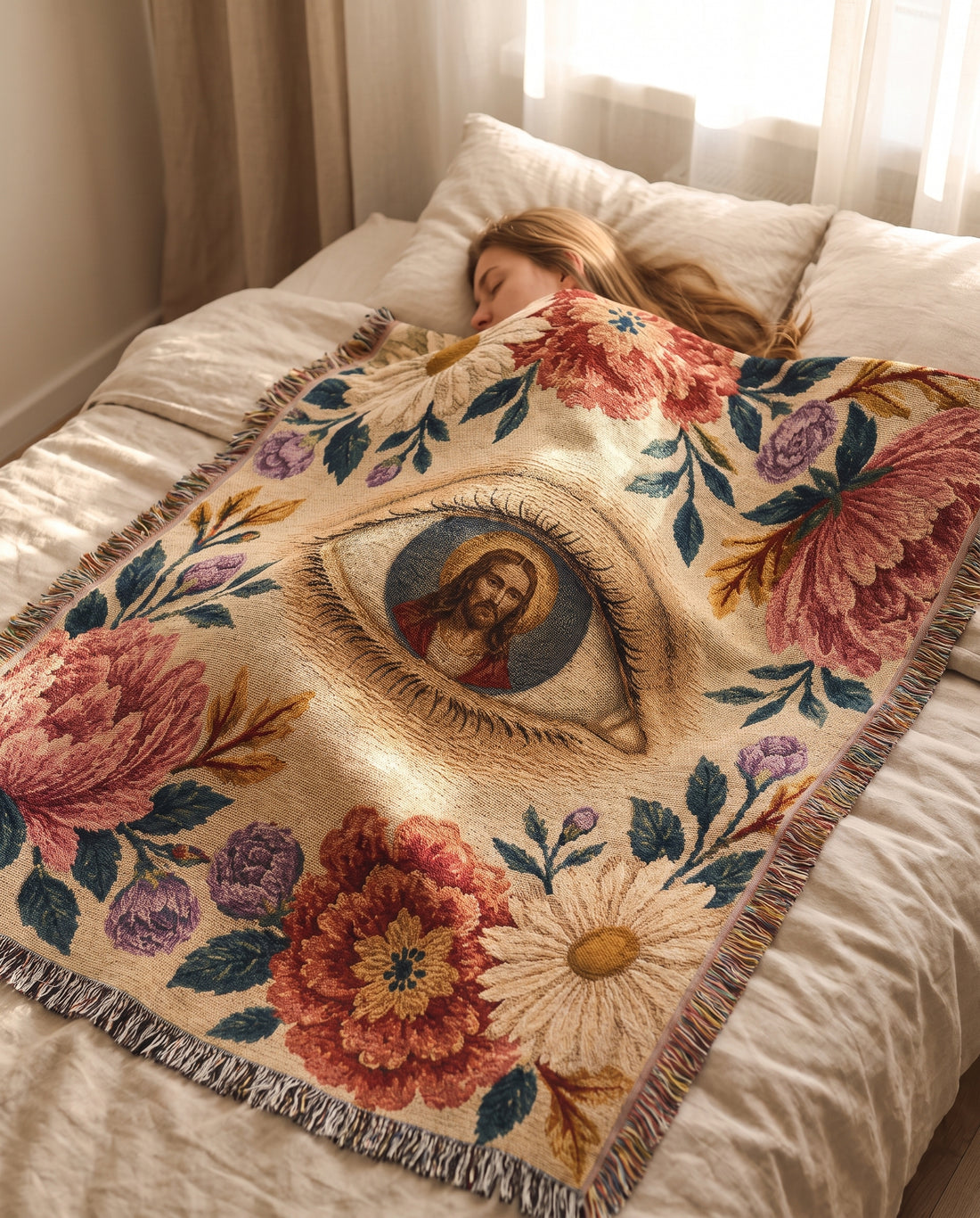 Sacred Eye of Christ Floral Woven Blanket mockup 3