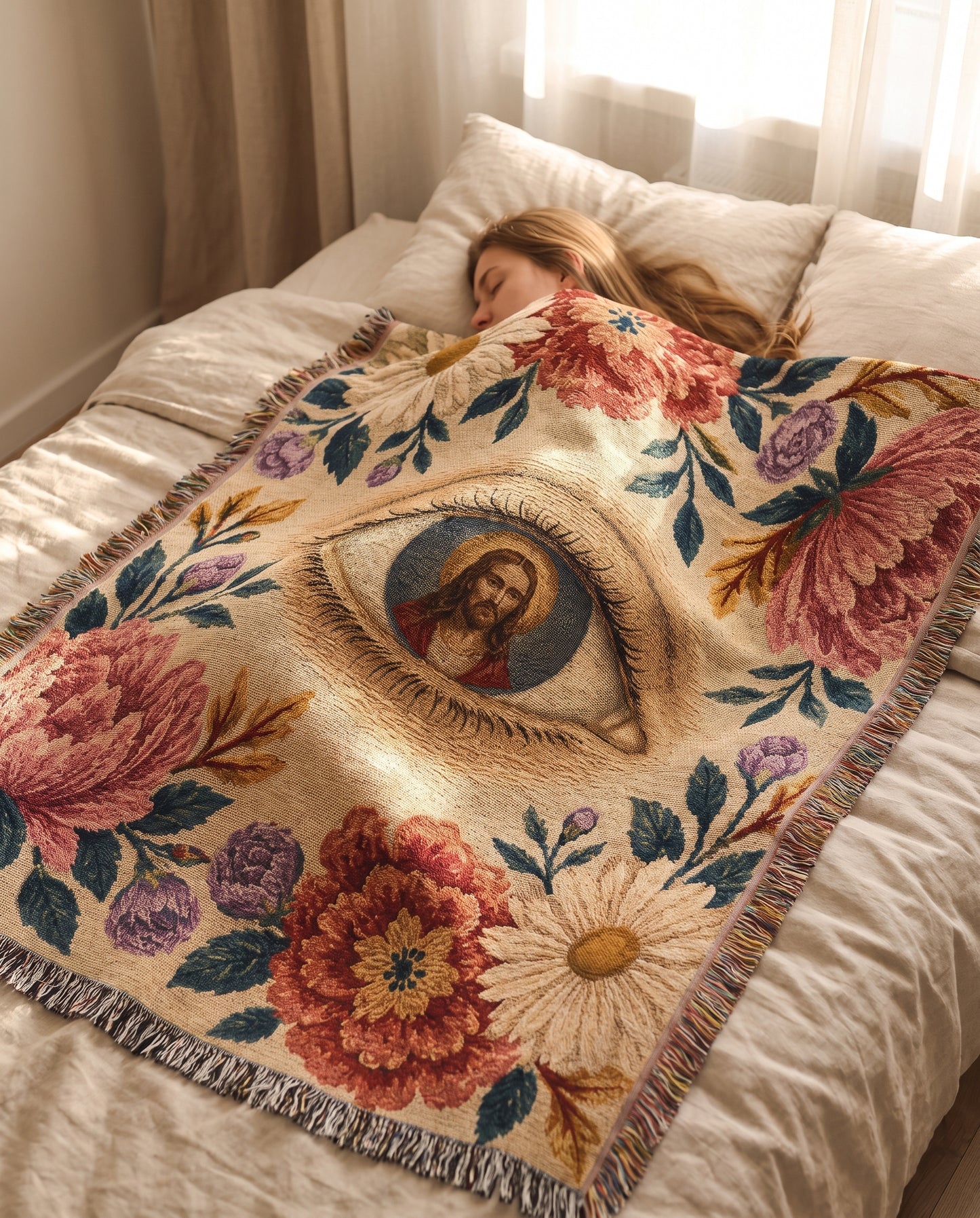 Sacred Eye of Christ Floral Woven Blanket mockup 3