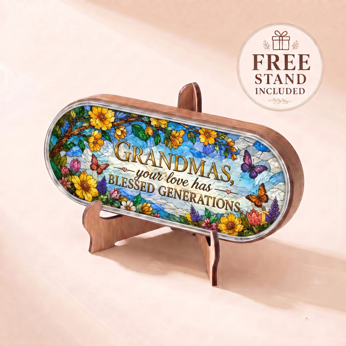 Grandmas Your Love Has Blessed Generations butterfly-garden Pillcase displayed on included wooden stand