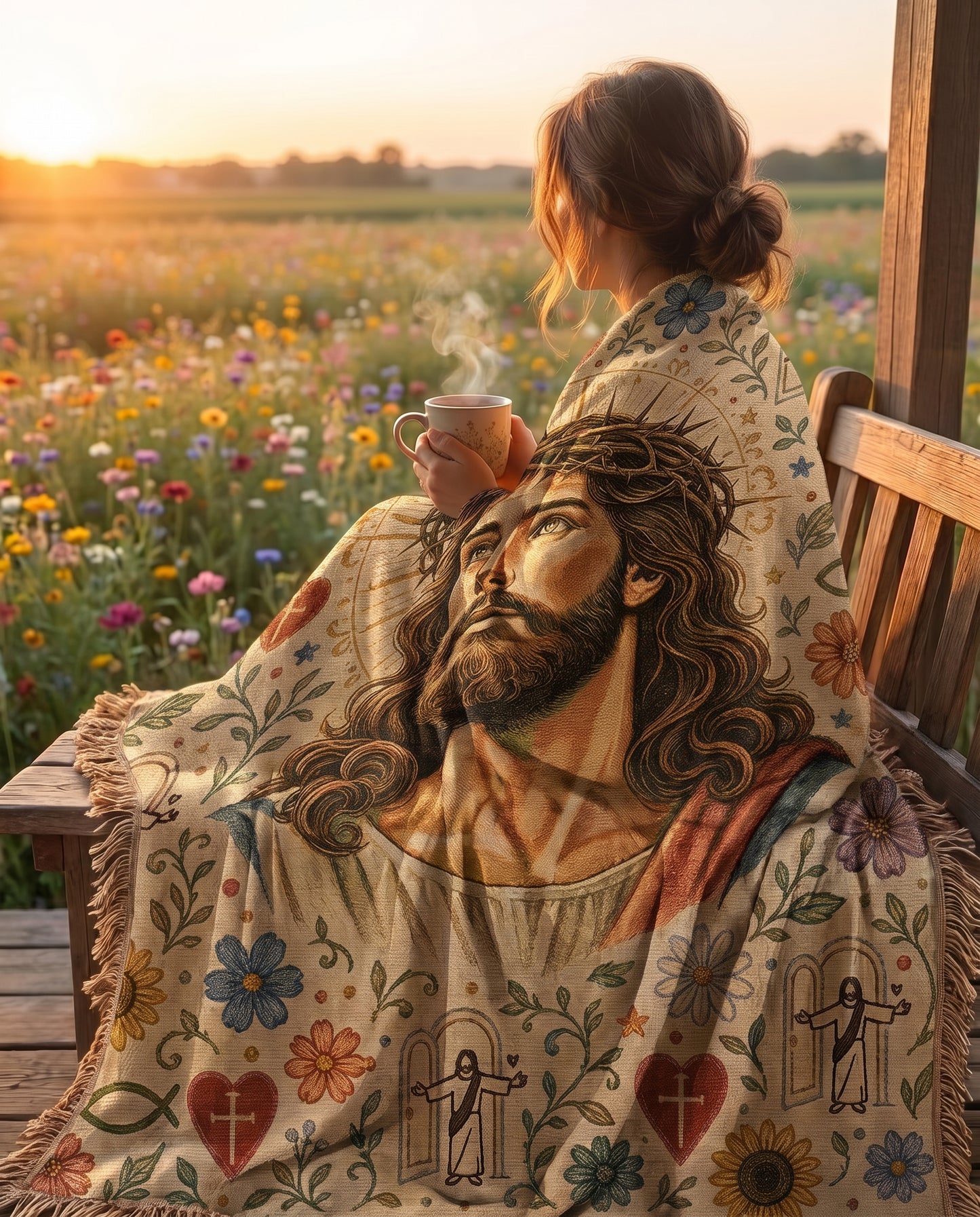 Crowned in Grace - Floral Jesus Woven Blanket