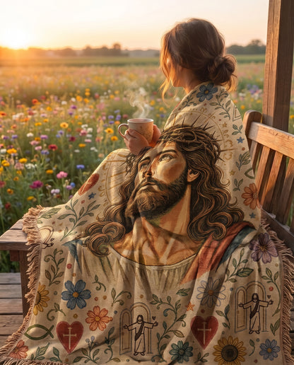 Crowned in Grace - Floral Jesus Woven Blanket