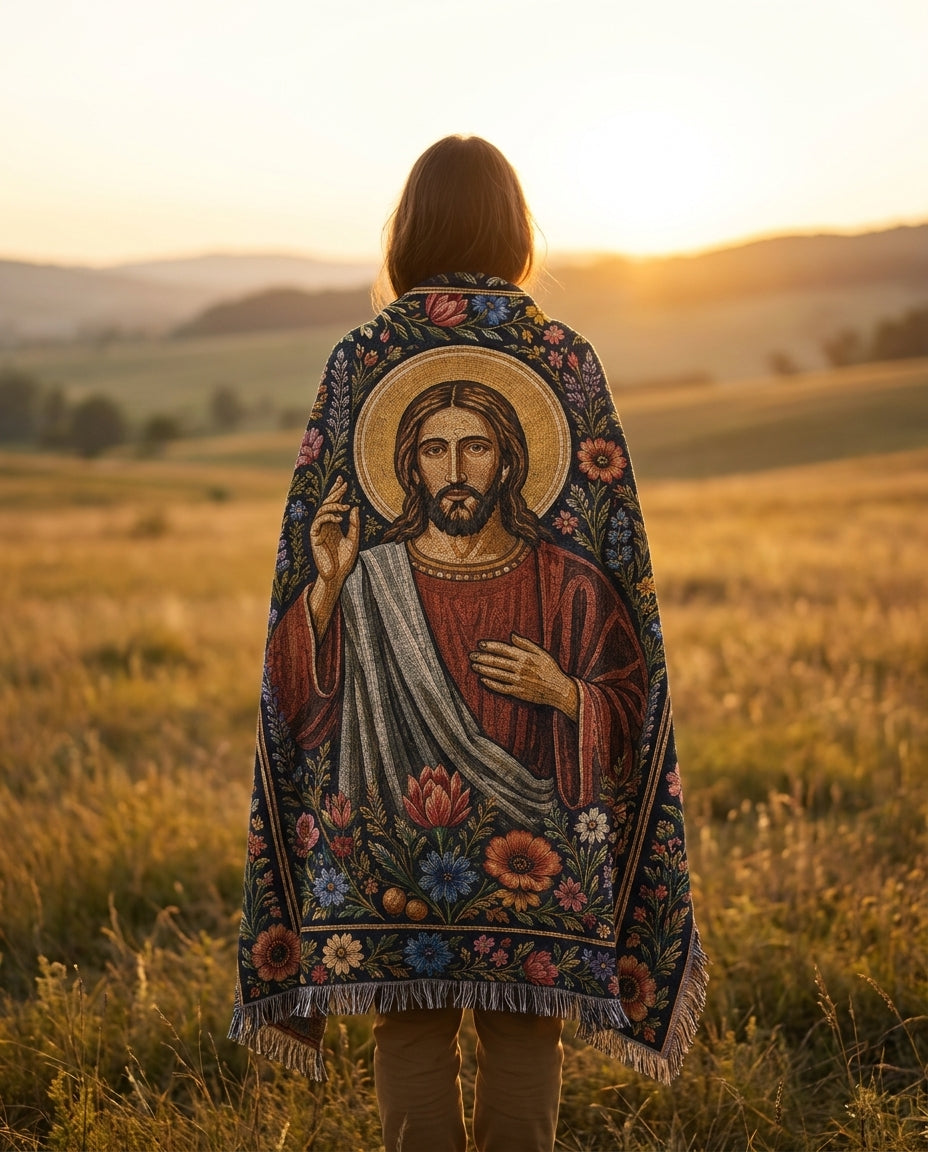 Sacred Heart of Christ - Garden of Grace Woven Blanket