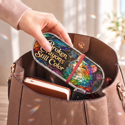 Broken Crayons Still Color rainbow cat Pillcase carried inside a handbag with everyday essentials