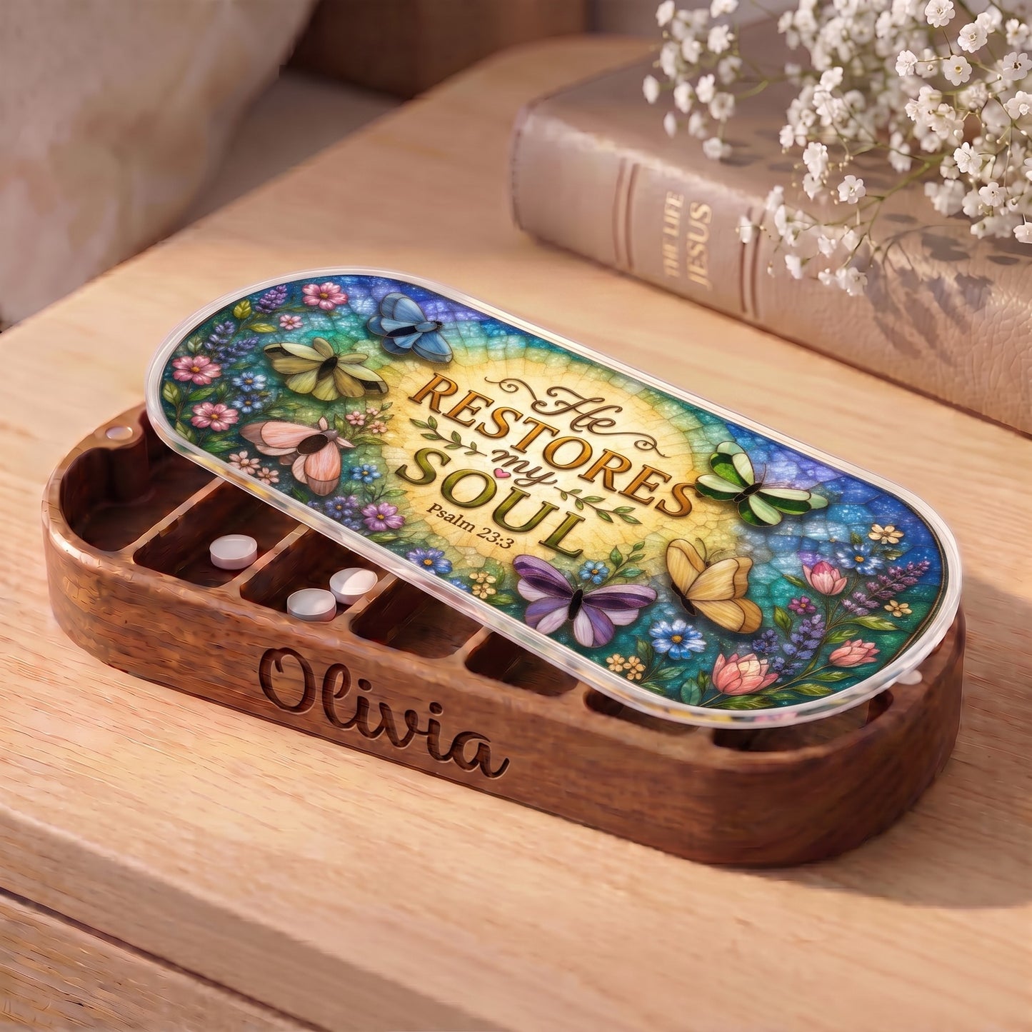 Personalized wooden Pillcase with Psalm 23:3 butterfly floral artwork on bedside table
