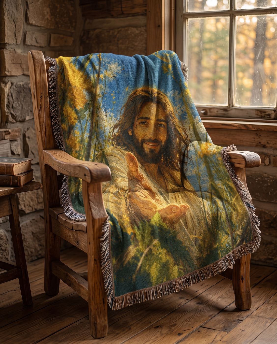 Reach for Me - Jesus in the Golden Meadow Woven Blanket